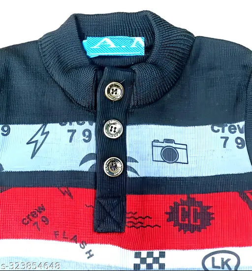 Multicolor wool sweater for boys aged 3-12 years, features long sleeves and printed design. Cozy and comfortable winter wear for kids in various fun colors. Made with daffodil yarns by Indian brand