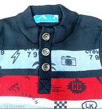 Multicolor wool sweater for boys aged 3-12 years, features long sleeves and printed design. Cozy and comfortable winter wear for kids in various fun colors. Made with daffodil yarns by Indian brand