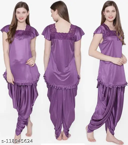 Satin nightdress for women & girls by Aely Shine Enterprises, self-designed net pattern on soft satin fabric, partial Patiala pants with short sleeves and regular fit
