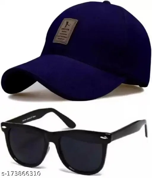 Adjustable blue Ediko cotton baseball cap with black polarized eye protection sun glass for men and boys, outdoor activity accessory