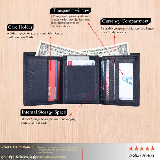 Blue genuine leather trifold wallet, 12 card slots, RFID protected, durable top grain material
