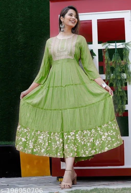 Embroidered rayon anarkali kurta with three-quarter sleeves, printed combo for women, India origin
