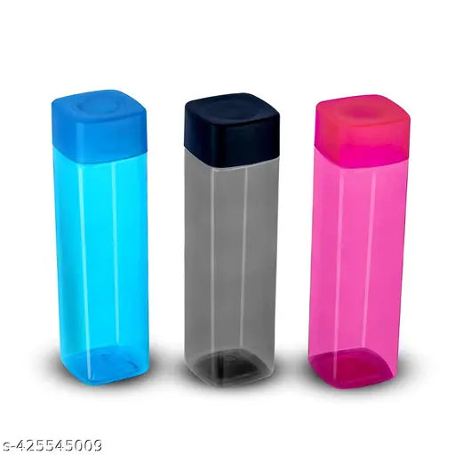 Multicolor square shape plastic water bottles, premium quality set of 3 for fridge and office use, leak-proof and BIS/ISI certified from KHODIYAR STORE