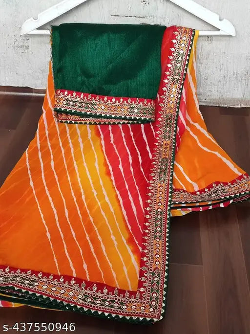Sawan special Lahariya print Georgette saree, soft Georgette fabric, multi color Dhaga embroidery work, lace on borders, blouse, Mothra design