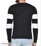 Black cotton blend t-shirt with white side strip, multi-color, round neck, long sleeves, available in sizes S to XL. Brand: Kwello Clothing, India origin