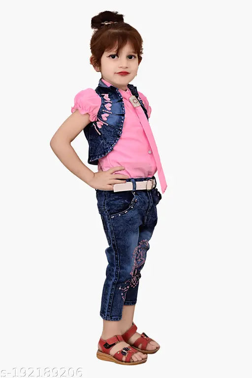 Baby girl's outfit set with denim jeans, pink shirt, and cowboy hat