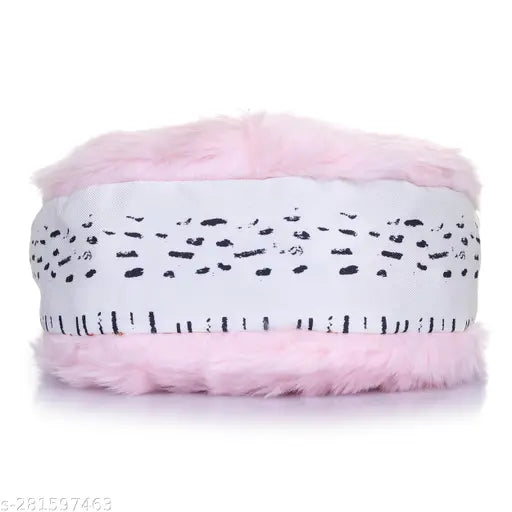 Pink faux fur sling bag with silver zip closure