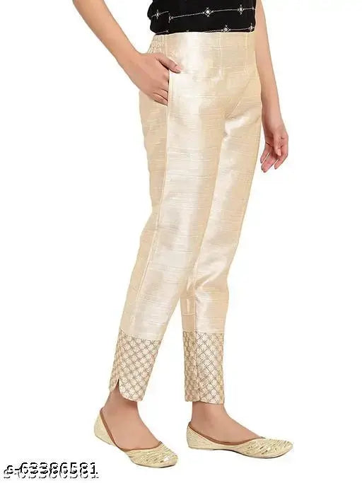 Silk party trousers with embellishments, long legs, fitted waist