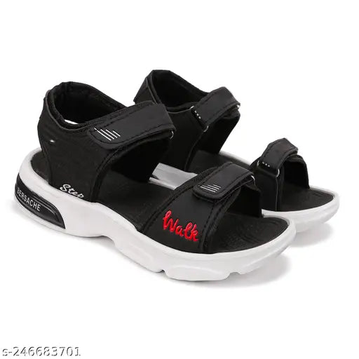 Black outdoor casual boys' sandals with multiple straps and adjustable closure