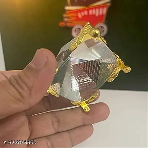 Clear crystal pyramid with golden stand, Indian-made home decor or car dashboard artifact for meditation, energy focus, and Vastu remedy (5 cm)