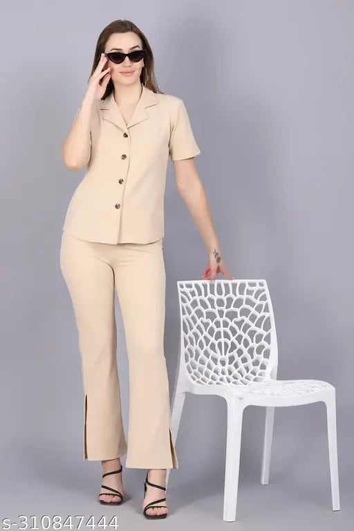 Cream/Black/Wine Clothink India formal/casual office co-ord set: short-sleeve shirt with pant featuring 2 side pockets, suitable for work and meetings