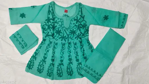 Classy cotton anarkali kurta sets with churidar and embroidered dupatta, sizes 5-6, 6-7, 9-10, Indian Lucknowi Chikankari