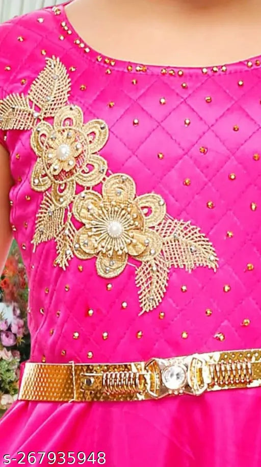 Pink polycotton unicorn dress for kids party wear, embroidered net pattern, best quality, soft fabric