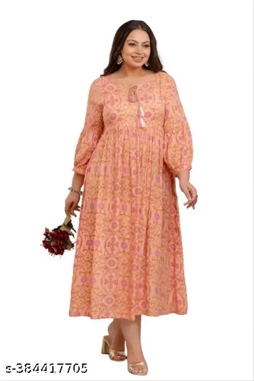 Beige rayon fashion gown, three-quarter sleeves, printed combo. Large, XXXL, 5XL, 6XL, 7XL Indian wedding & party wear