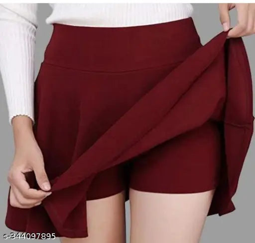Polycotton skater skirt with attached inner shorts and flared inskirt - Solid color, stretchy and comfortable for active women. Double layer design for comfort during sports, high waistband, laser cutout scallop hem texture, and wide waist size options. Made in India