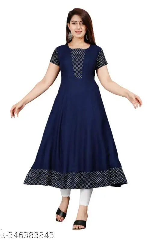 Black rayon anarkali kurta with white border, embroidered patterns