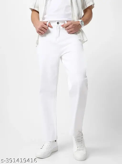 White denim Urbano Fashion men's non-stretchable loose fit jeans, solid pattern on display stand (size 32 waist 32in length 41in)