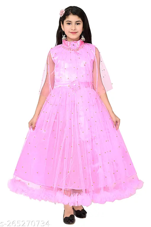 Girls pink net frock dress, embellished three-quarter sleeve, 100% net, size 3-4 years (bust 22in, length 32in)