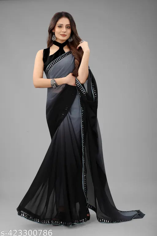 Blue georgette sequined saree with black border for women