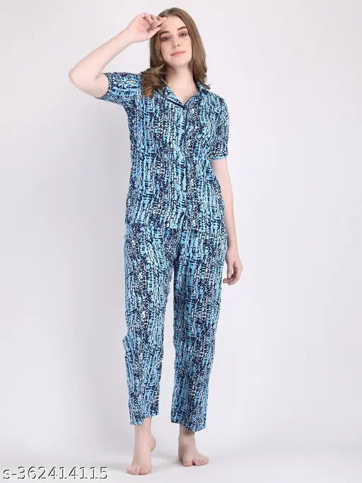 Sky blue printed rayon nightsuit, lightweight and tie-dye texture, men's sleepwear