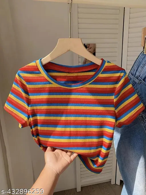 Lycra stripe print crop top for spring-summer, versatile and comfortable women's clothing