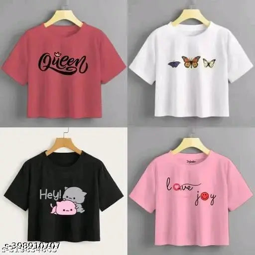 Stylish printed crop tops (pack of 4) - women's and girls cotton, short-sleeved, versatile summer wear from India