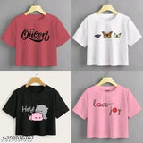 Stylish printed crop tops (pack of 4) - women's and girls cotton, short-sleeved, versatile summer wear from India