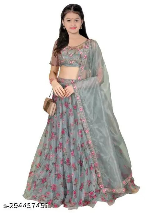 Silk and net embroidered kids' lehanga cholis with short sleeves, semi-stitched from India (size options: 9-10, 10-11, 11-12, 12-13, 13-14 years)