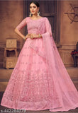 Trendy pink embroidered heavy thread work semi-stitched lehenga, free size with unstitched blouse and net dupatta, Indian wedding attire