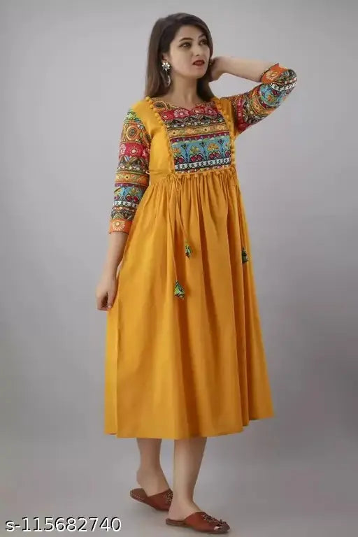 Yellow rayon print kameez with choli, full length, short sleeve