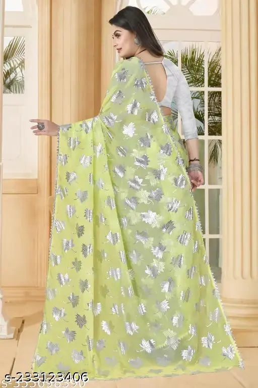 Yellow printed saree with silver design