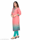 Rayon slub straight kurti with digital print, three-quarter sleeves, and round neck. Stylish women's summer/winter wear in various sizes from M to 4XL, made in India