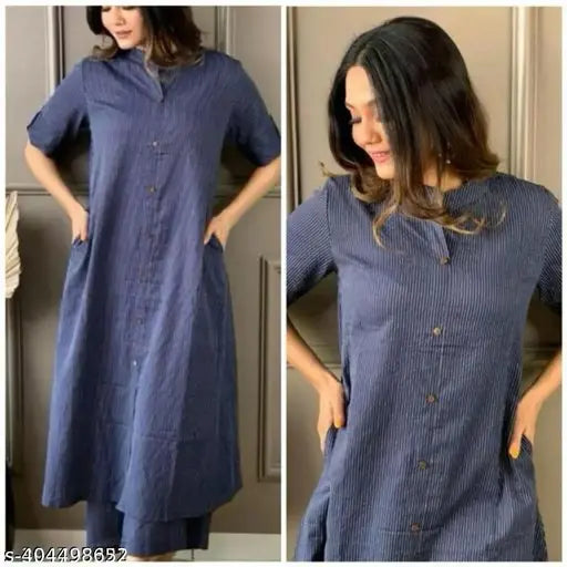Cotton Katha A-line coord set for women & girls, striped pocketed kurta plazzo set in solid cotton