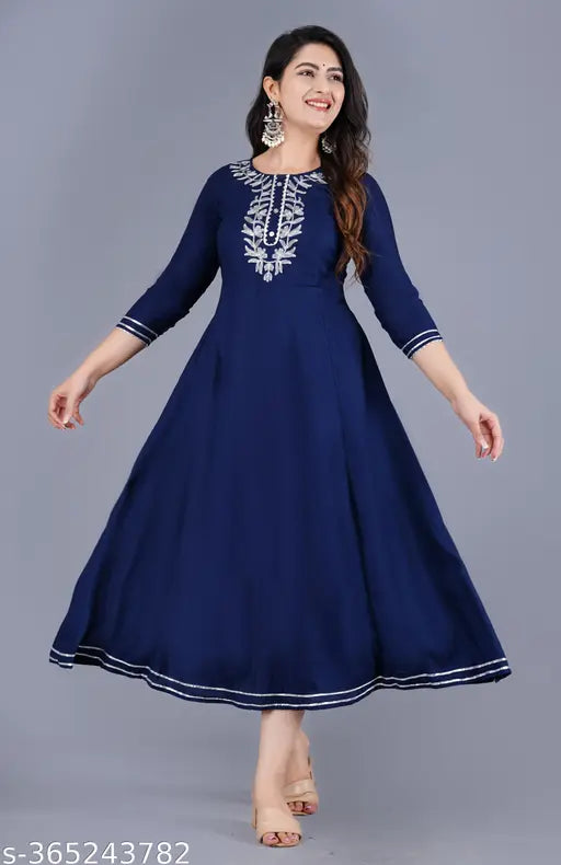 Viscose Rayon solid embroidery anarkali kurti, three-quarter sleeves, M-XXXL, Indian ethnic wear