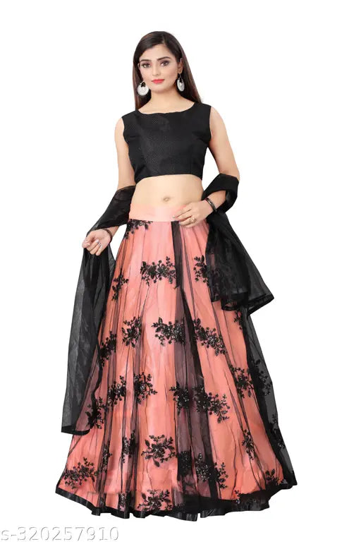 Peach-colored embroidered semi-stitched lehenga choli and dupatta set, art silk, net fabric, trendy work, elegant & felinity, India