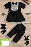Elegant black embroidery cotton blend kurti set for kids girls, three-quarter sleeves, Indian handcrafted embroidery
