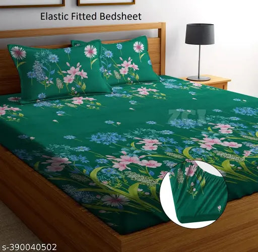 Soft cotton elastic double bed sheets, botanical print, all-around elastic, 2 pillow covers, 72x78+10 inches, ZCI brand