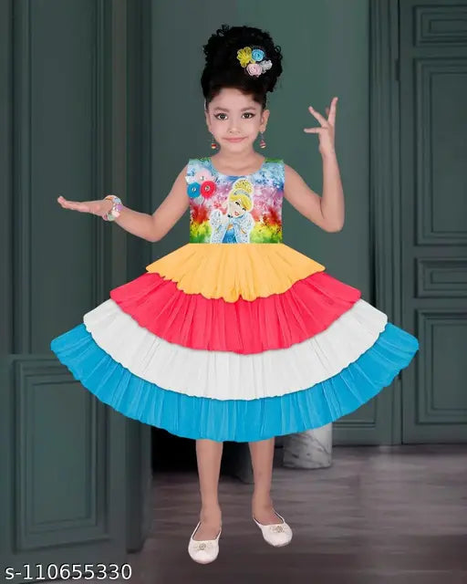A child wearing a multicolored party dress with ruffles and bows, posing for a photo
