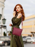 Solid pattern sling bag for women and girls, classic style, black leather material, adjustable strap