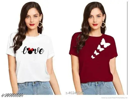 LOVE & butterfly print cotton t-shirt combo pack for women & girls, stylish and trendy, 100% cotton, short sleeves, available in sizes S, M, L, XL (Bust Size: 36in - 42in), perfect for summer or parties, made in India