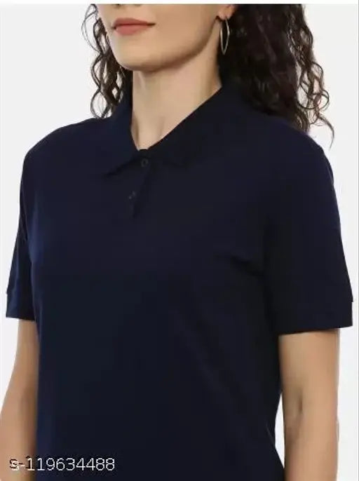 Dark blue polycotton polo neck t-shirt for women, solid design, size XXL (bust 40in), made by Spylark in India