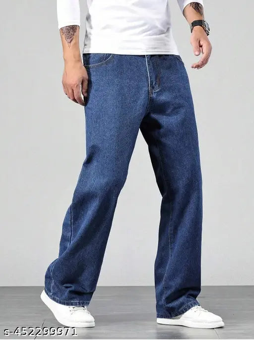 Denim baggy jeans for men, loose fit, vintage-inspired, solid color, casual bottoms, waist size 28/30/32/34, hip size 38/40/42/44, length size 42 inches, Indian origin