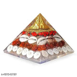 White resin Laxmi Pyramid with Rudraksha Shree Yantra, Gomati Chakra, Kauri, Ratti seeds - Feng Shui showpiece for wealth, prosperity, luck, and spiritual growth (India)
