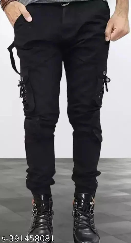 Men's black cotton-blend cargo jeans, solid pattern. Single item available in sizes 28, 30, 32, 34 (waist 28/30/32/34, length/hip 41/32/34/38). Made in India