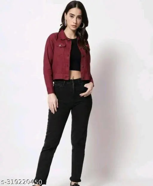 Maroon denim women's jacket, solid pattern, long sleeves, size S