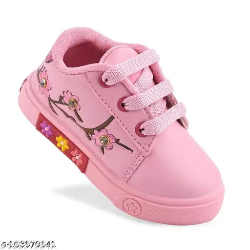Durable pink PU sole KATS Kids sports shoes for girls, breathable and comfortable daily use casual wear with fancy design and cushion. Easy to wash and suitable for boys and girls, sizes: 12-15 Months, 15-18 Months, 18-21 Months, 21-24 Months, 2-2.5 Years, 2.5-3 Years, 3-3.5 Years, 3.5-4 Years. Made in India