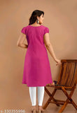 Rayon puff-sleeve A-line kurta, pink color, solid pattern, casual/formal occasion