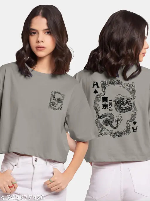 Printed stylish women's cotton blend short-sleeved T-shirt, "WD" design, made in India