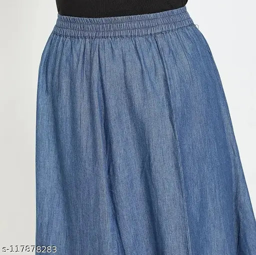 Ankle-length denim blue skirt with elastic waistband