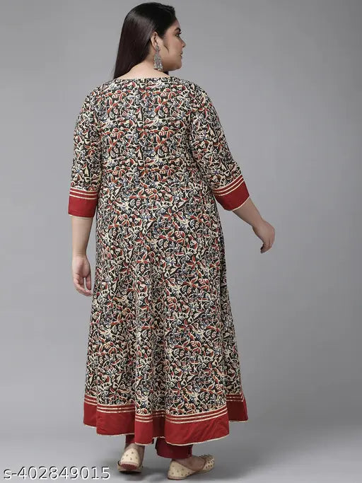Brown cotton ethnic motif notch kurti, three-quarter sleeve, printed floral design - Yash Gallery women's plus size fashion from India